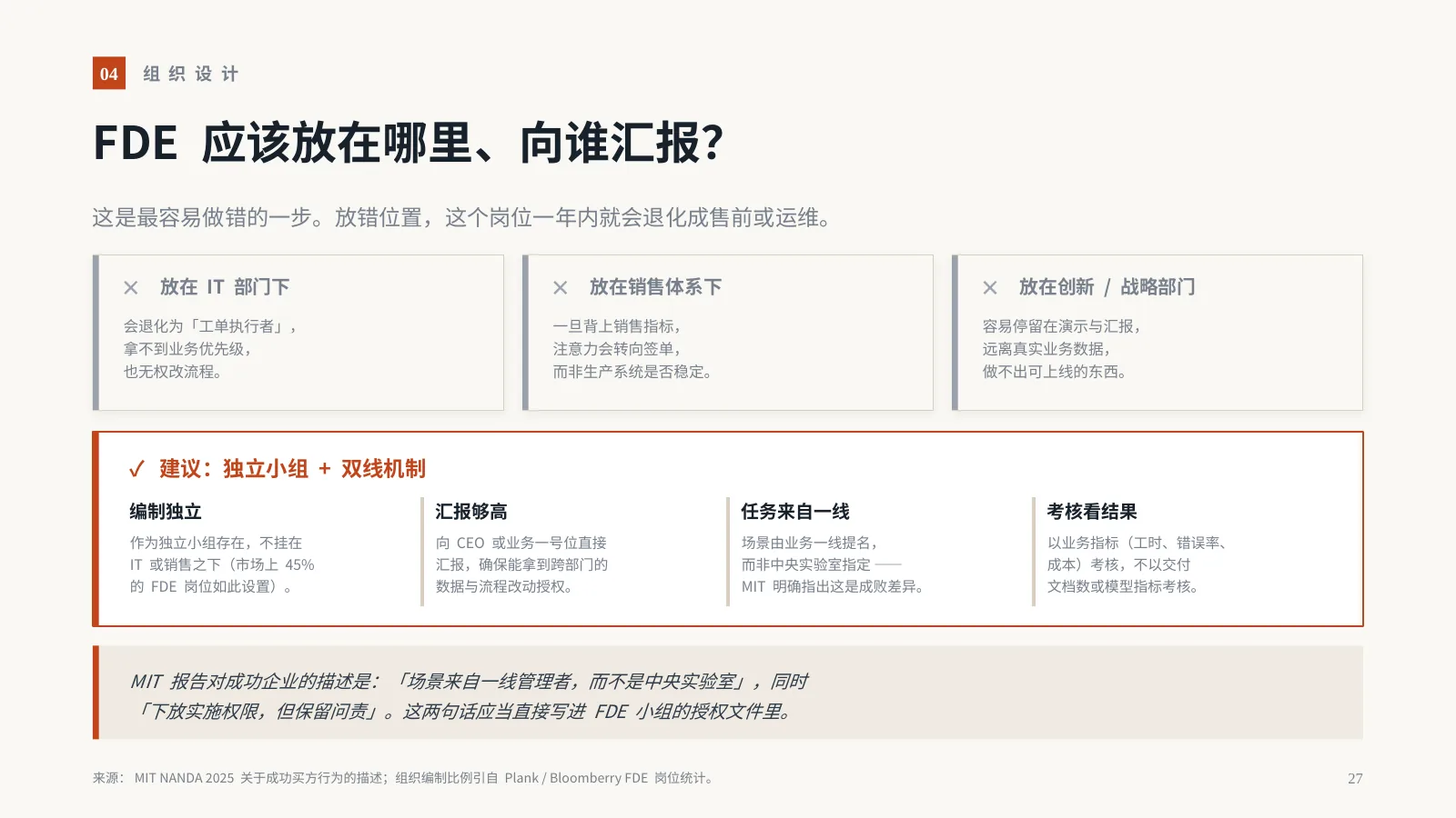 AI 时代，企业为什么需要 FDE？：第 28 页 · FDE 应该放在哪里、向谁汇报？